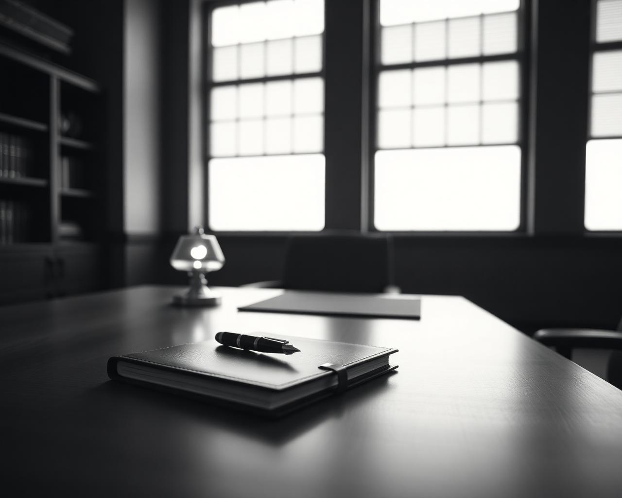 A quiet law office desk with a leather notebook and fountain pen